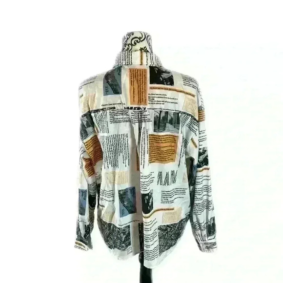 Newspaper All over Print Slogan Collared Button Front Drop Shoulder Blouse, L - Picture 12 of 13